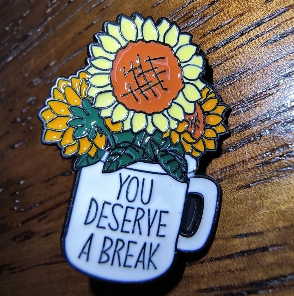 Women’s Jewelry Unique Cute Sunflowers in Coffee Cup with Quote Enamel Pin